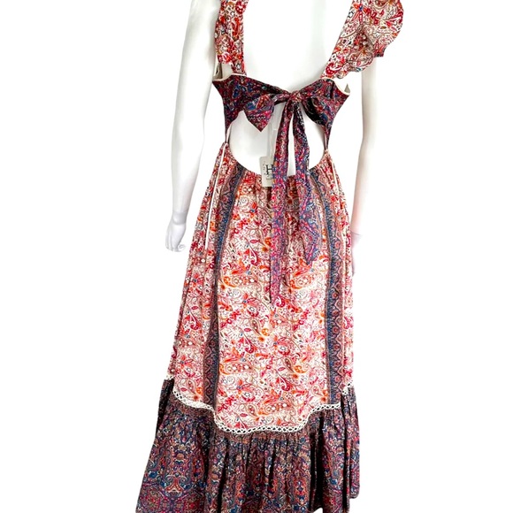 Haute Hippie Dress 6 New Pretty Paisley Flutter Sleeve Lace Trim Boho Hippy Midi - Picture 5 of 11